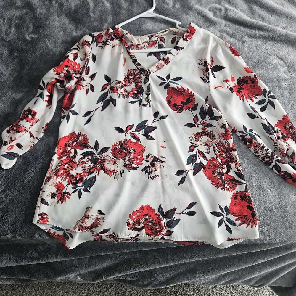 Maurices Red and White Floral Blouse